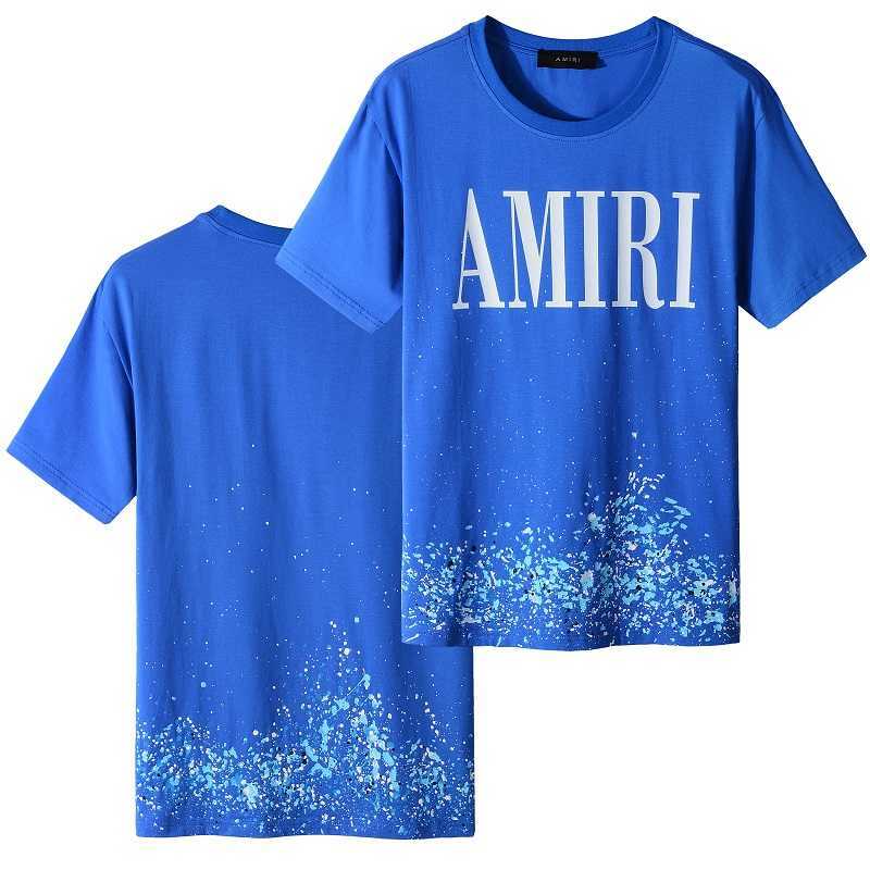 

Designer Fashion Clothing Tees Tshirts Amiiri New High Street Trend Brand Graffiti Paint Speckle Printing Round Neck Elastic Cool Blue T-shirt Men Women