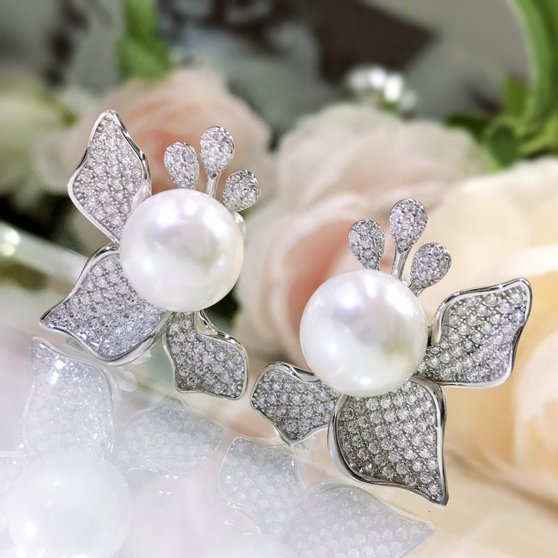 Flower Pearl Diamond Stud Earring 100% Real 925 sterling silver Promise Wedding Earrings for Women Bridal Party Jewelry Gift