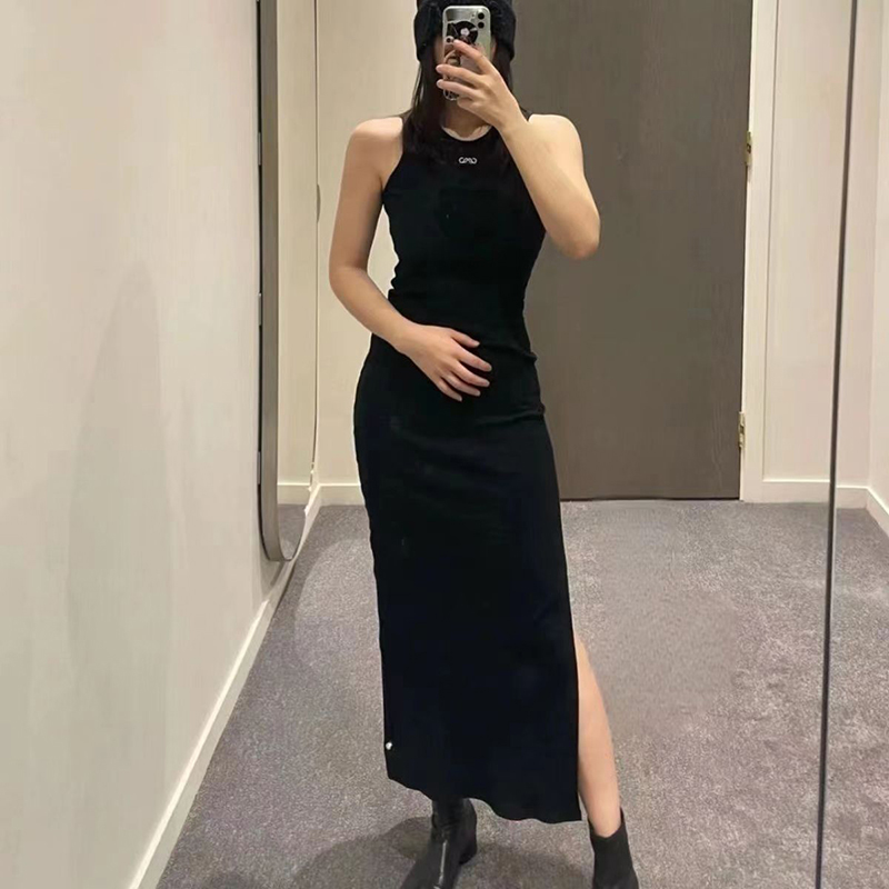 

Womens designer knitted dress sundress mid-length embroidered logo slim-fit temperament skirt, Black