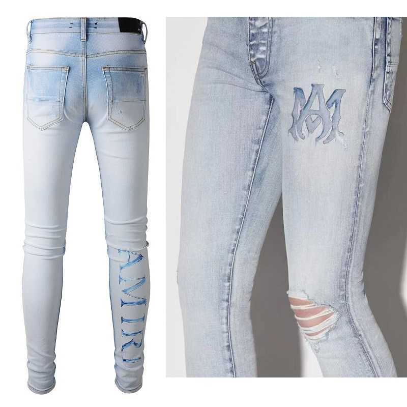 

Designer Clothing Fashion Denim Pants Amiiri 2022 New High Street Trend Brand Printed MA Letter Broken Hole Made Old Elastic Slim Fit Light Jeans Men For sale, As shown in figure
