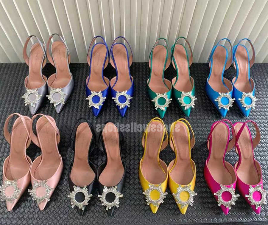 

Amina muaddi Dress sandals Satin pointed slingbacks Bowtie pumps Crystal-sunflower high heeled shoe 10cm Women's Luxury Designer Party Wedding Shoes, Color #20