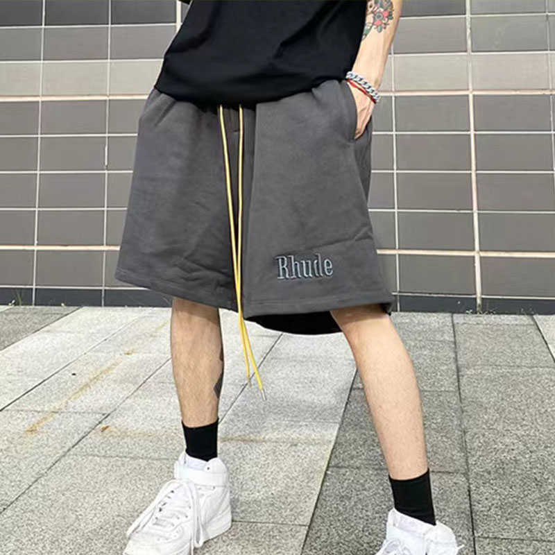 

Designer Clothing Rhude Embroidery Letter Solid Color Drawstring Shorts High Street Terry Casual Men's Women's Sports Capris Couples Joggers Sportswear, Dark gray