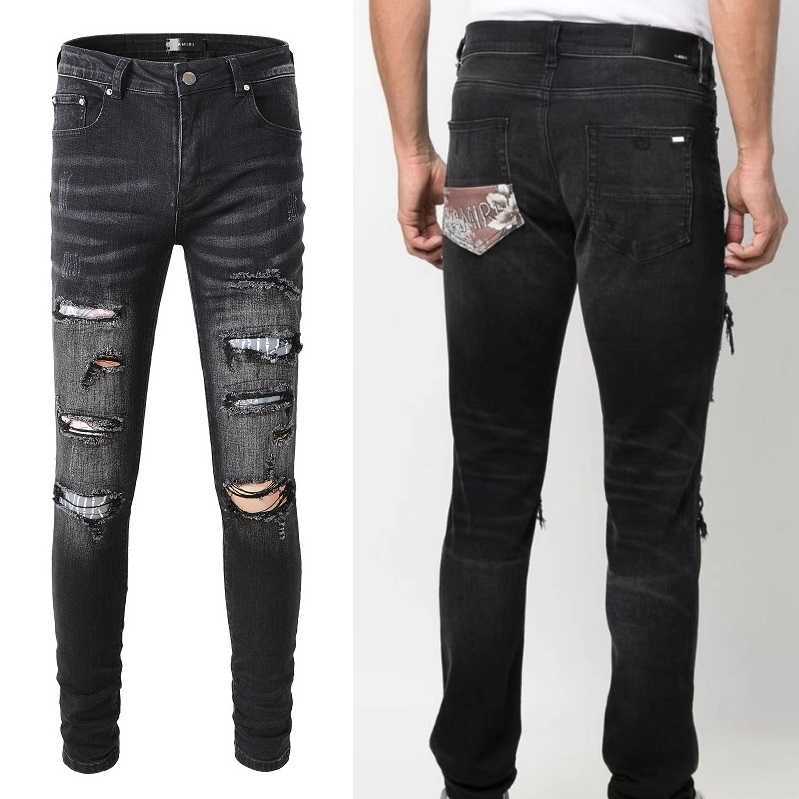 

Designer Clothing Fashion Denim Pants Amiiri New High Street Trend Brand Black Perforated Print Patch Elastic Slim Fit Wash Jeans Men Motocycle Biker Skinny, As shown in figure