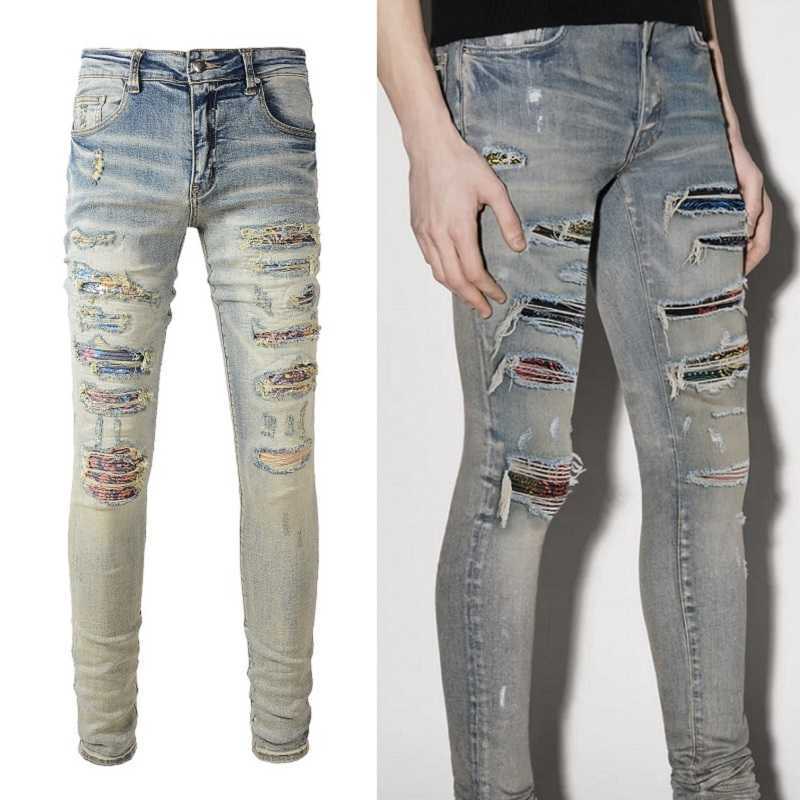 

Designer Clothing Fashion Denim Pants Amiiri The New High Street Trend Brand Rainbow Printing Patch Worn Elastic Slim Fit Old Light Blue Jeans Men Motocycle Rock
