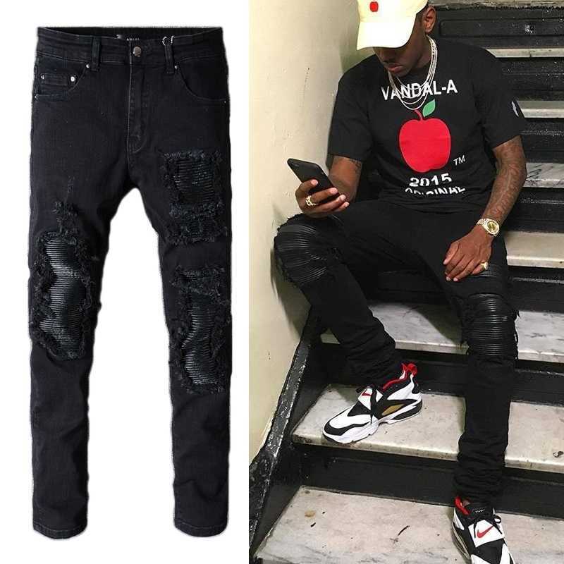 

Designer Clothing Fashion Denim Pants Amiiri New High Street Trend Brand Black Knee Perforated Beggar Patched Elastic Slim Fit Jeans Men's Mesh Red Motocycle Rock, As shown in figure