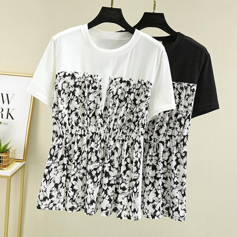 

T-Shirt Summer Short Sleeve Tshirt Women Fasion Patchwork Floral Print Loose Tshirt Casual Loose Round Neck Tops Female Clothing, White