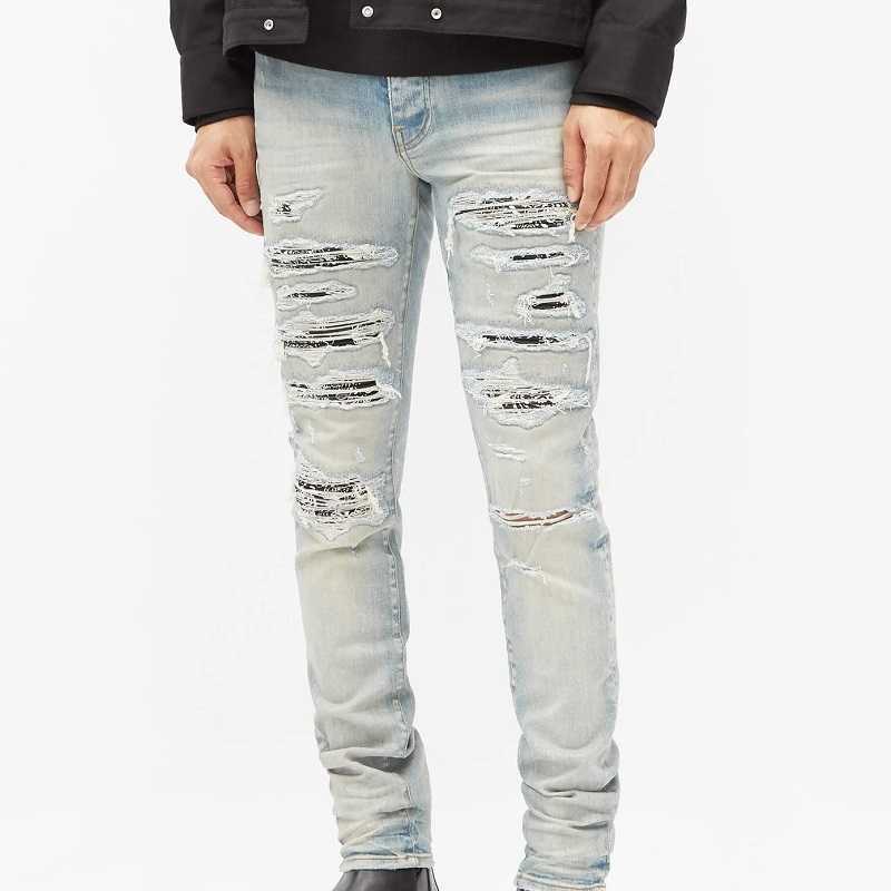 

Designer Clothing Fashion Denim Pants Amiiri New High Street Trend Brand Light Color Perforated Print Patch Wash Old Stretch Slim Fit Small Foot Jeans Men, As shown in figure