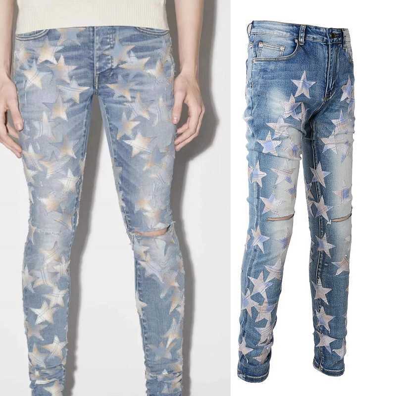 

Designer Clothing Fashion Denim Pants Amiiri New High Street Trend Brand Checker Star Patch Knife Cut Holes Light Color Distressed Elastic Slim Fit Jeans Men, As shown in figure