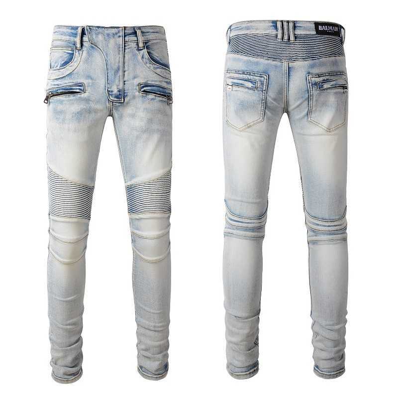 

Designer Clothing Fashion Denim Pants Amiiri New High Street Trend Brand Nostalgic Washed Elastic Slim Fit Small Foot Splice Motorcycle Light Blue Jeans Men