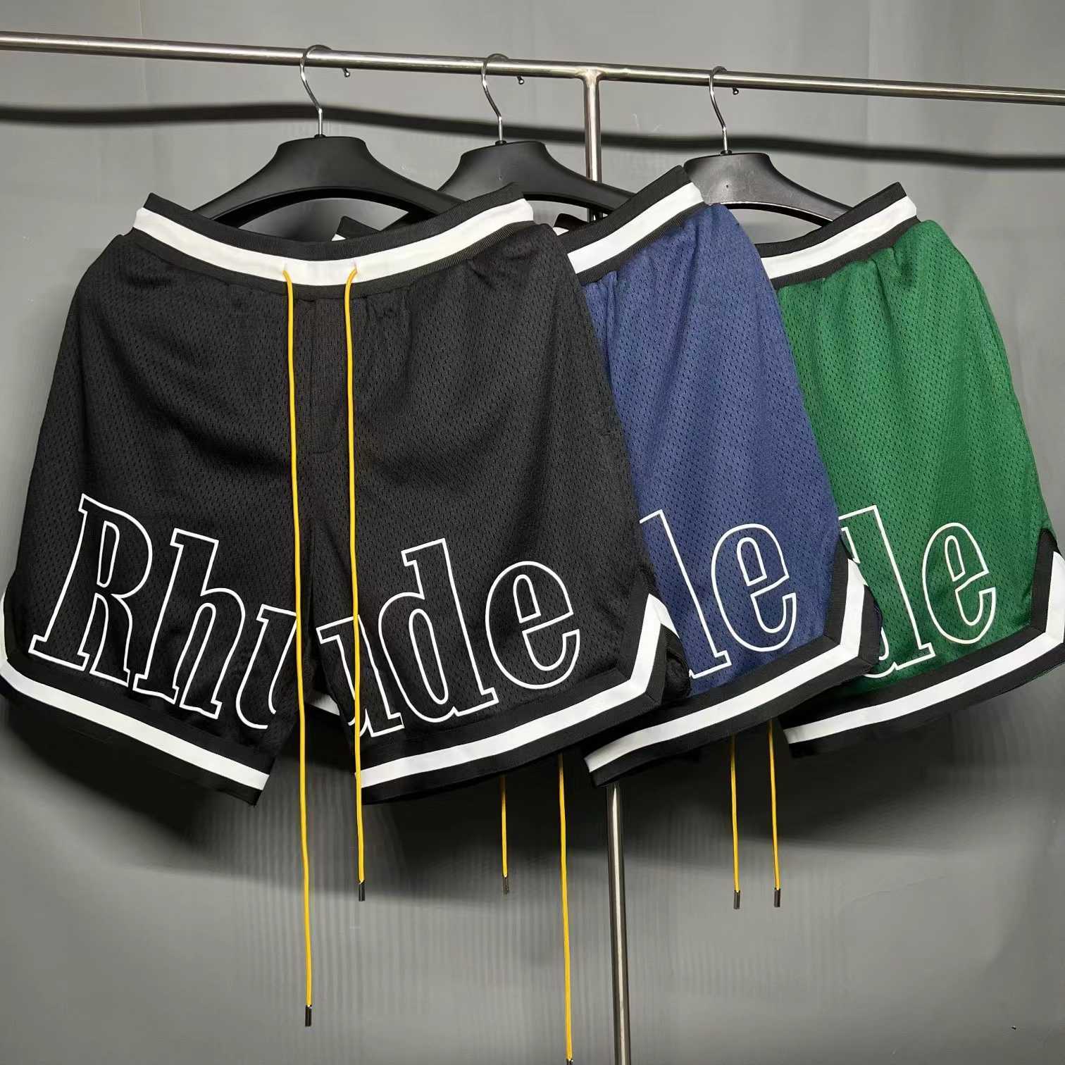 

Designer Clothing Rhude Mesh Basketball Breathable Printed Ribbon Patchwork Sports Drawstring High Street Loose Shorts Couples Joggers Sportswear Beach fitness, Blue