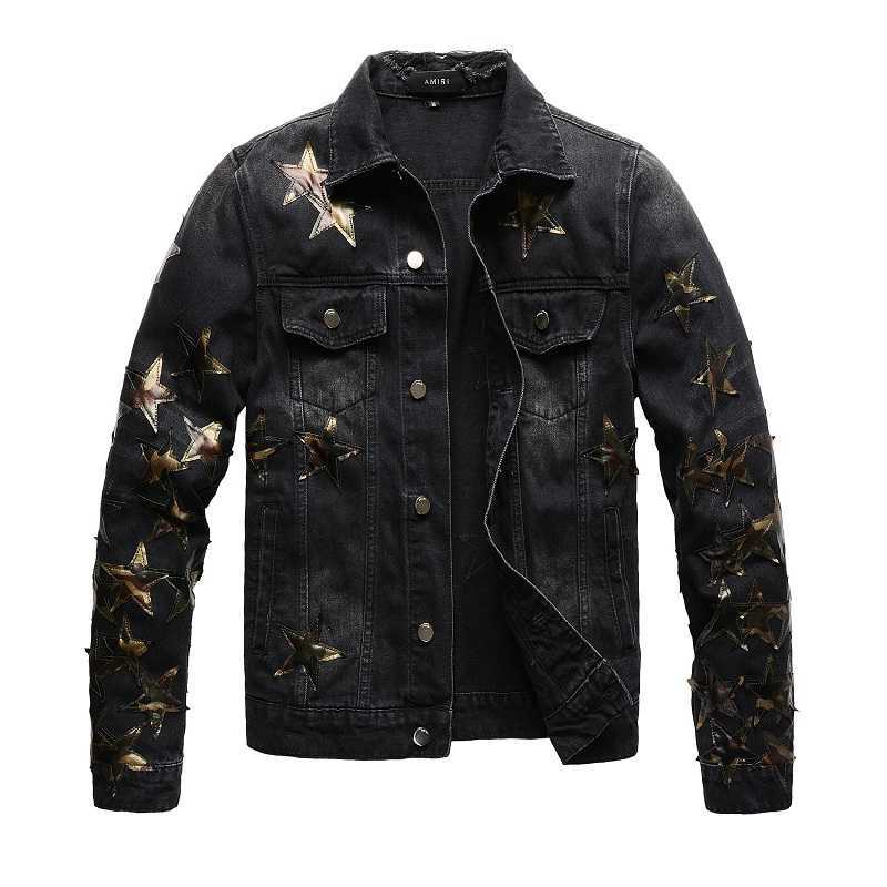 

Designer Clothing Fashion denim coats Amiiri New High Street Trend Brand Trend Personalized Camo Star Patch Leather Wash Hole Black Denim Coat Jacket Men For sale, Shipping fee