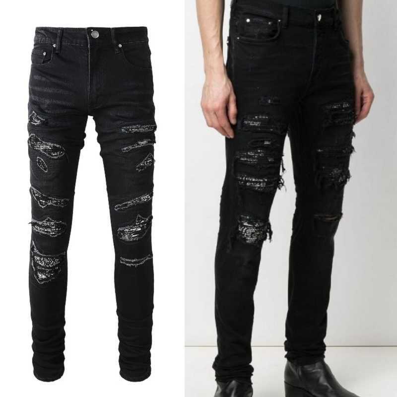 

Designer Clothing Fashion Denim Pants Amiiri New high street trendy brand patchwork cashew flower printed patch with holes elastic slim fitting black jeans men