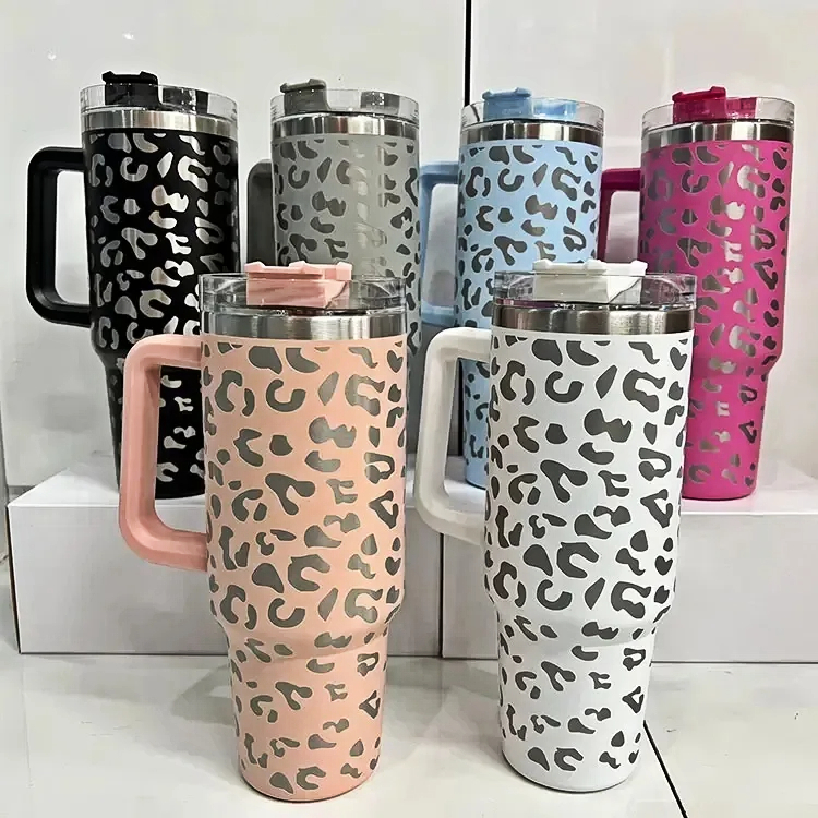 

Leopard Colorful 40oz Handle Tumblers Without Stanley Logo 1200ml Stainless Steel Water Bottles Drinking Cups Double Wall Insulated Tumblers, Multi-color