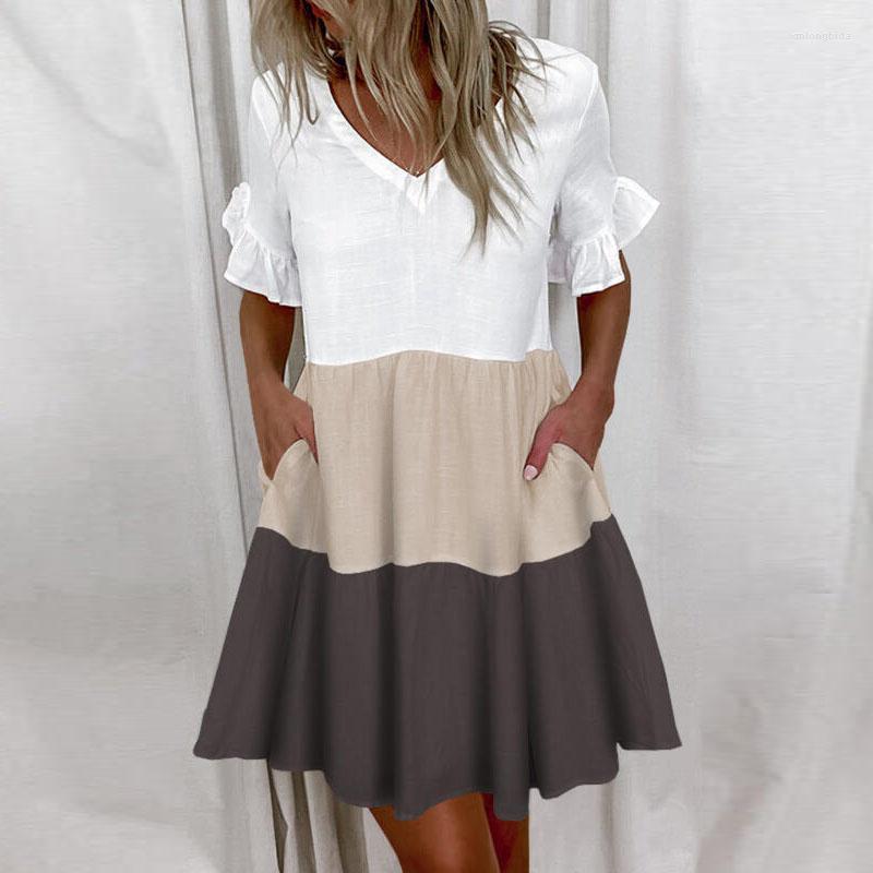 

Casual Dresses Ruffles Loose V-Neck Dress Women Summer Short Sleeve Floral Print Woman 2023 Fashion White Beach, Hd