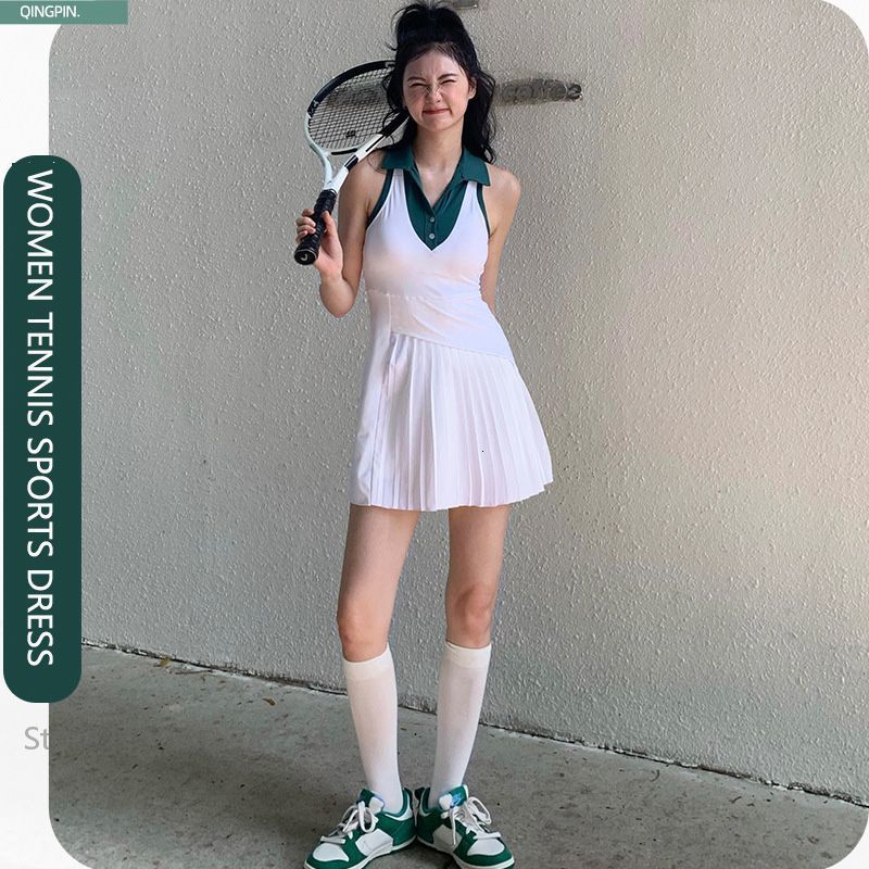 

Casual Dresses Women V Neck Tennis Dress Workout Tennis Badminton Polo Dresses High Waist Anti-empty Skirt Dress Active Wear with Chest Pad 230422, Sage