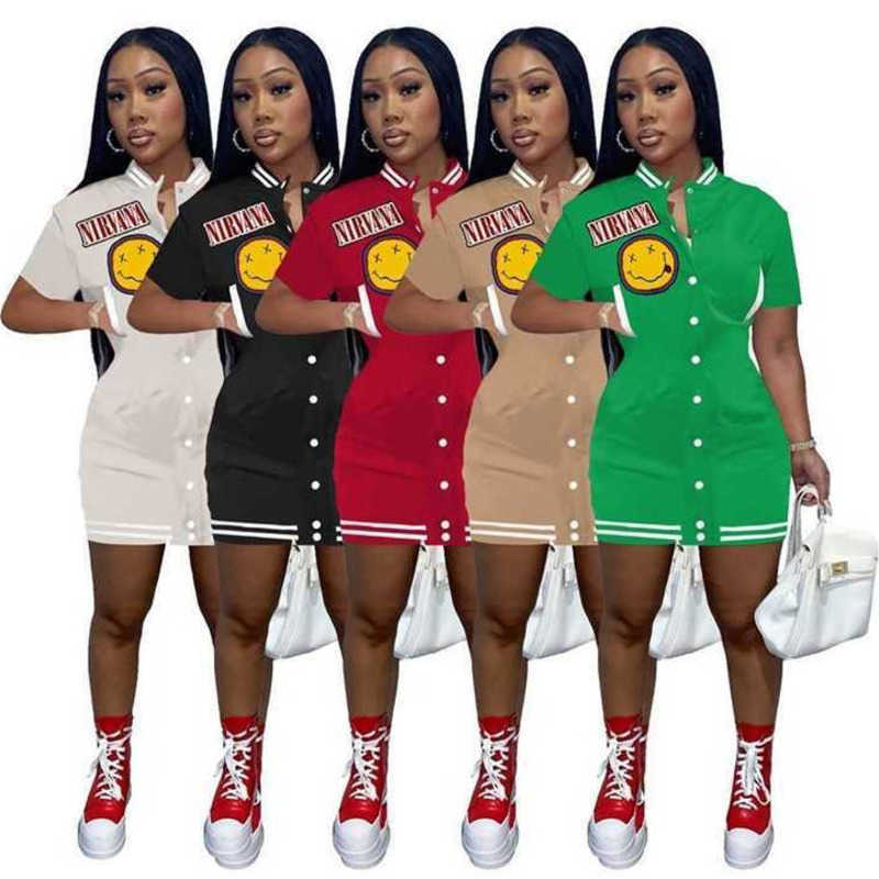 

Designer Womens Casual Dresses Fashion Pattern Patch Embroidered Baseball Buckle Elastic Fabric Short Sleeve Dress Skinny Skirt, Khaki