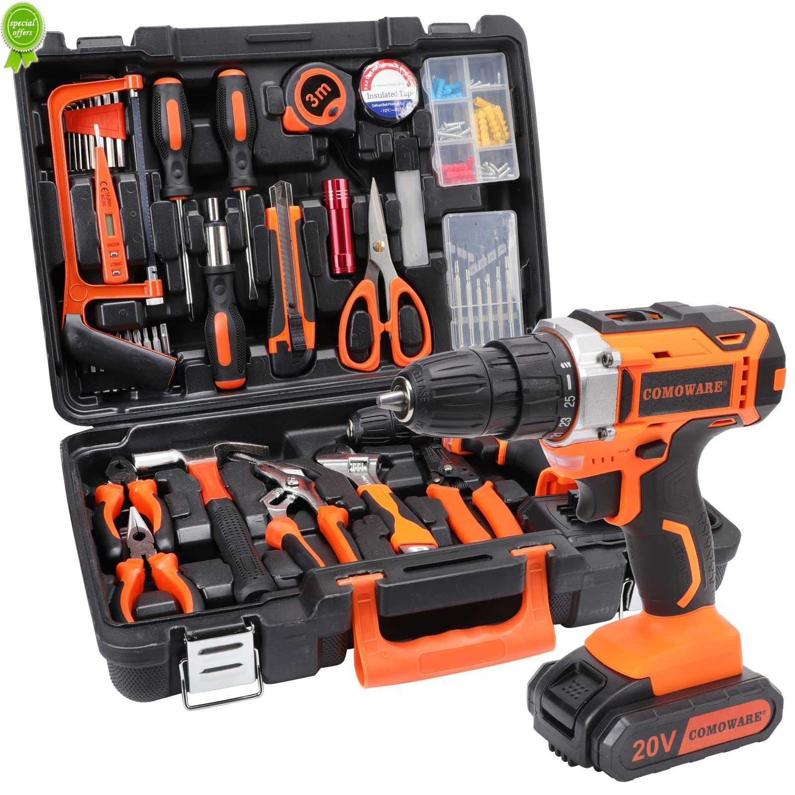 

New New 2023 120 Pcs Home Tool Kit with Drill 20V Power Drill Cordless Set 25+1 Clutch Tool Sets for Household Tool Set Metal Wall
