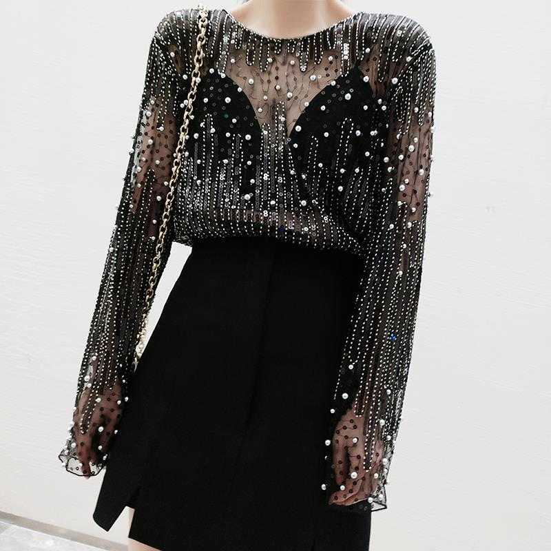 Women's T-Shirt Luxury Spring Women Sequins Chiffon Blouses Perspective Mesh Spliced T-shirts Pearls Beaded Sexy Hollow O-neck Tees Crop Top-image-861119634
