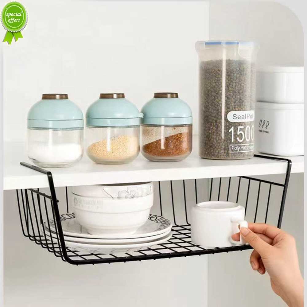 

New Metal Iron Kitchen Organizer Shelf Desk Cabinet Storage Rack Under Table Hanging Mesh Basket Wardrobe Holders