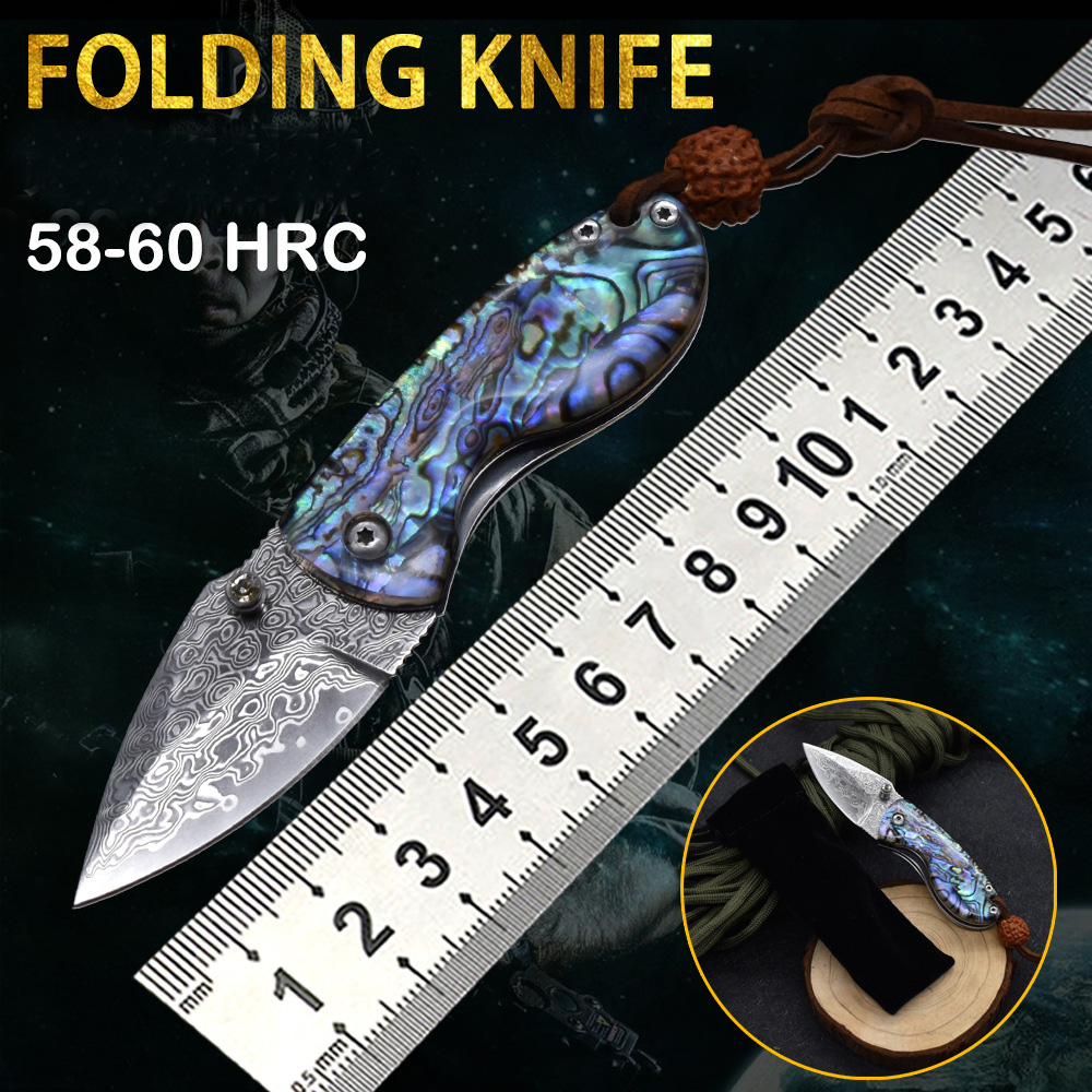 

A1902 Folding Knife Damascus Steel Blade Abalone shell/Stainless Steel Handle EDC Pocket Folder Knives Best Gift For Children