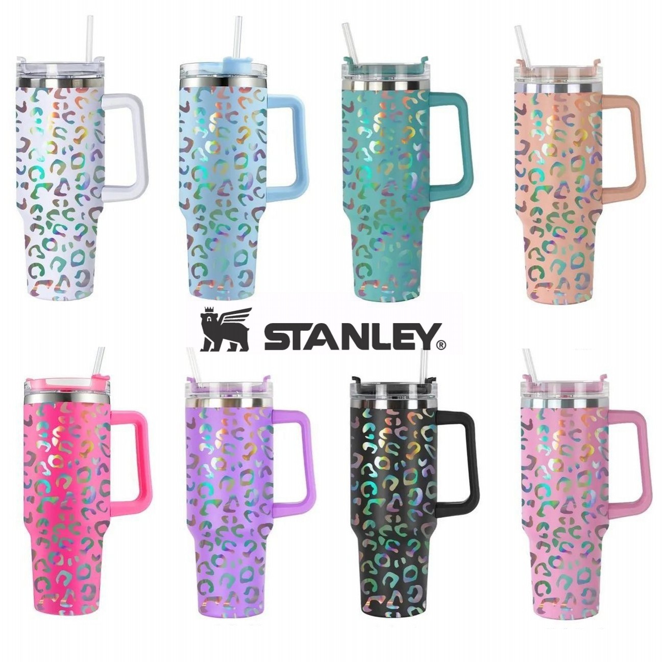 

1Pc With LOGO Stan-l2y 40oz Tumblers Holographic Leopard print Handle and Straw Stainless Steel Insulated Laser Travel Mug Insulated Keep Cold wholesale GJ0423, Multi-color