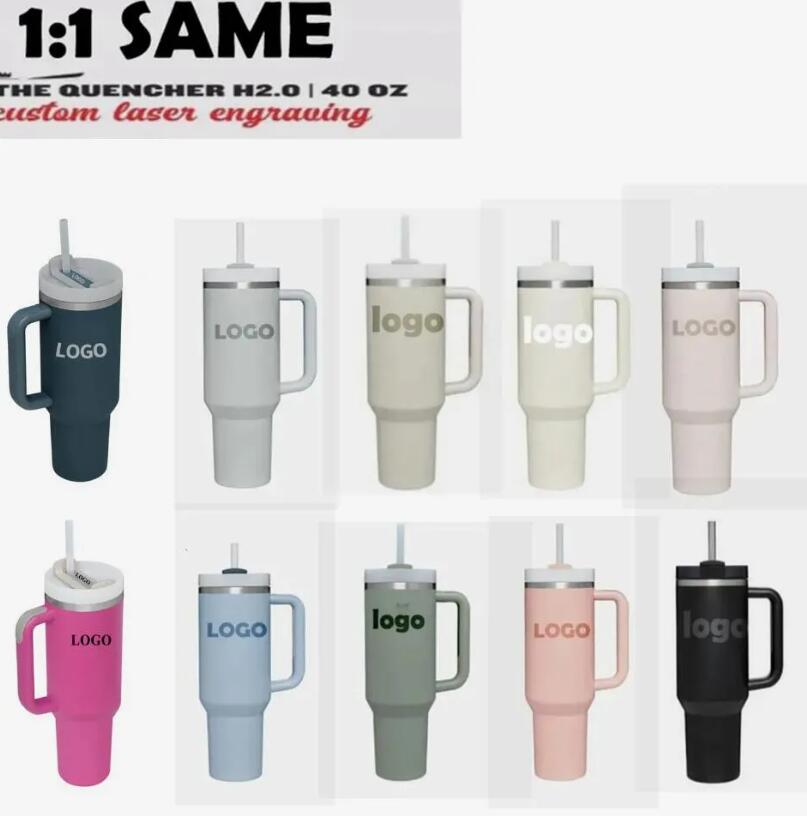 DHL 1: 1 avec logo H2.0 Gobelets en acier inoxydable de 40 oz avec couvercle en silicone et paille Tasses de voiture de grande capacité Bouteille