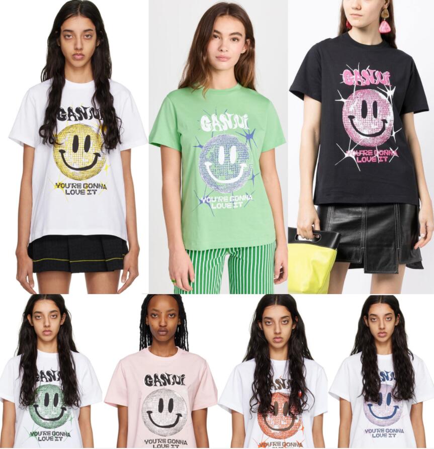 

23ss Ganni Women Designer T shirt Beach Tees Versatile Smiling Face Print Round Neck Casual Loose Pullover Short Sleeve T-shirt clothing