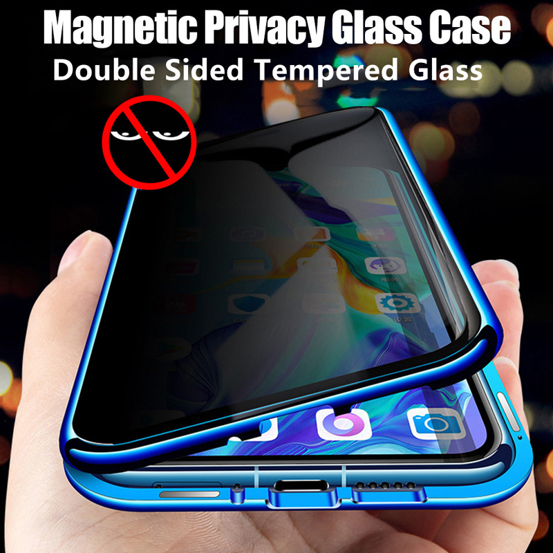 

Privacy Magnetic Phone Cases For iPhone 14 13 12 11 Pro MAX X XR 7 8 Plus Magnet Metal Tempered Glass Anti-Spy 360 Protective Cover, Blue