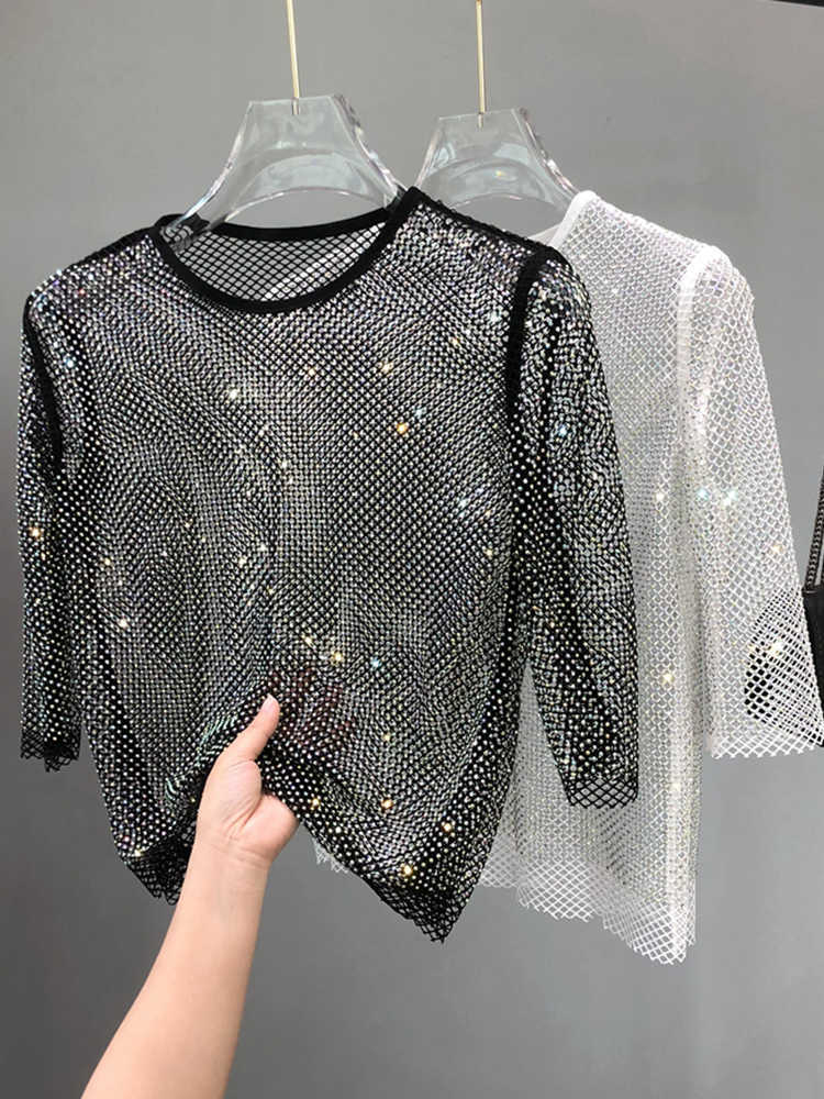 Women's T-Shirt Mesh Diamond Crystal Coat Diamond Ultra Fairy Inside Take Party Bling Hollow-out Render Unlined Upper Garment and Shiny T Shirt