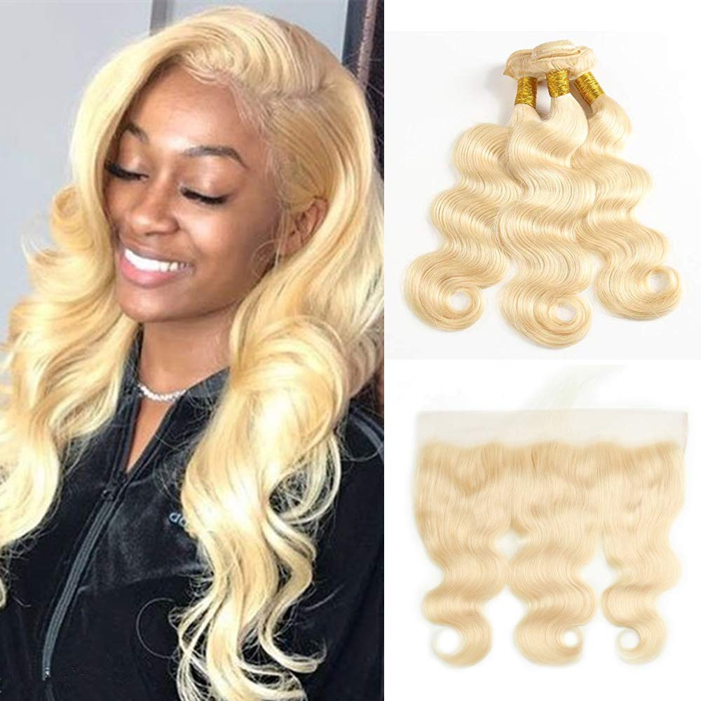 

613 Blonde Human Hair 3 Bundles with Frontal Brazilian Body Wave with Baby Hair Frontal 100% Ear to Ear Virgin Human Hair Weave with Lace Frontal Straight Deep Wave SALE