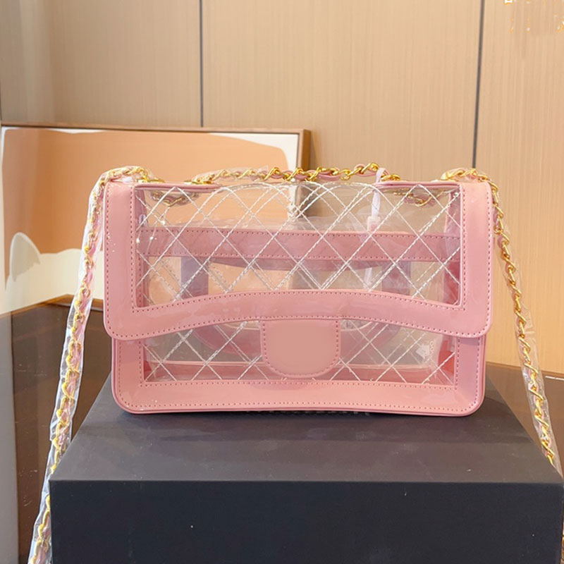 

Transparent Pvc Jelly Bag Flap Messenger Bags Chain Shoulder Bags Designer Handbag Fashion Gold Hardware Letter Buckle Lady Cross Body Purse High Quality, Red