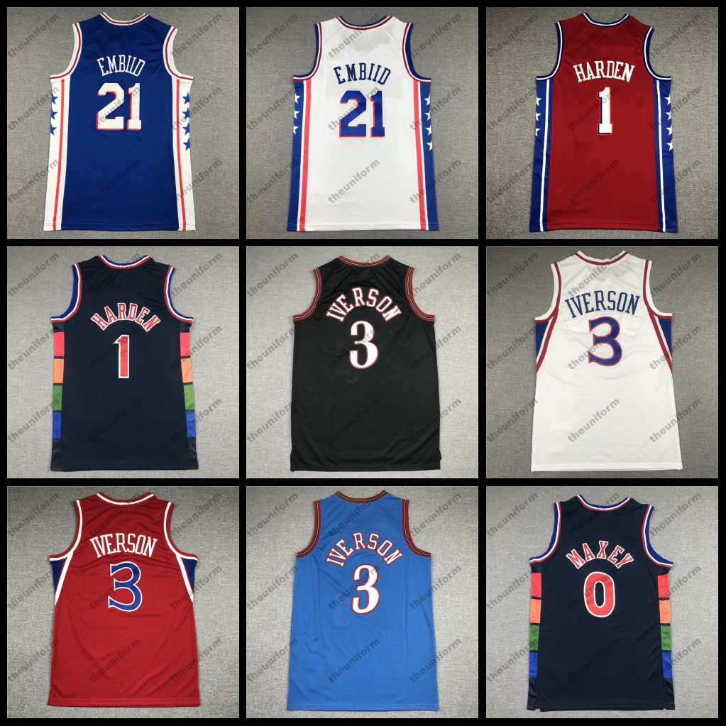

Mens Basketball Jerseys 21 Embiid 1 Harden 3 Iverson 0 Maxey Sports Jersey, Color 1