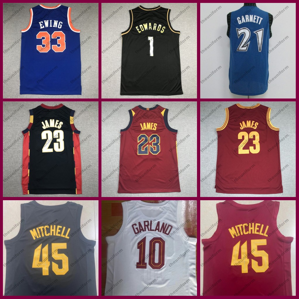 

2023 Mens Basketball Jerseys 33 Ewing 23 James 45 Mitchell 10 Garland 1 Edwards 21 Garnett Sports Jersey, Color 1