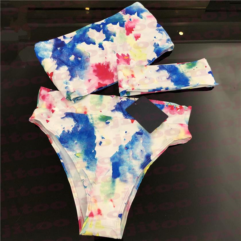 

Watercolor Letter Women Bikini Swimwear 3pcs Set With Headband High Waist Womens Swimsuit For Vacation Party248i, Blue