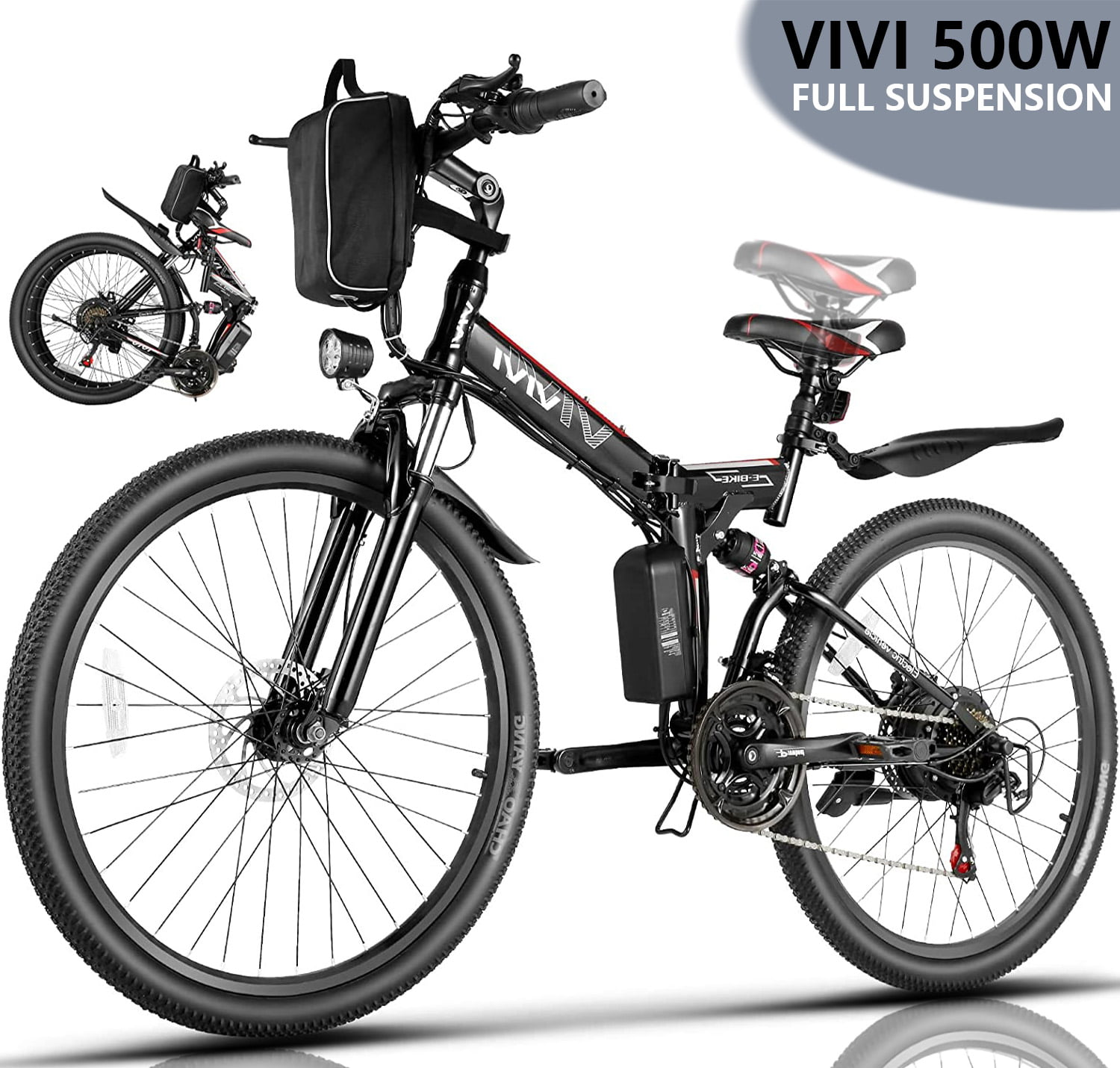 

VIVI 26" Folding Electric Bike for Adults, 500W Electric Mountain Bike, Foldable Ebike Removable Waterproof Battery, Double Shock Absorption E-Bicycle, Black/White