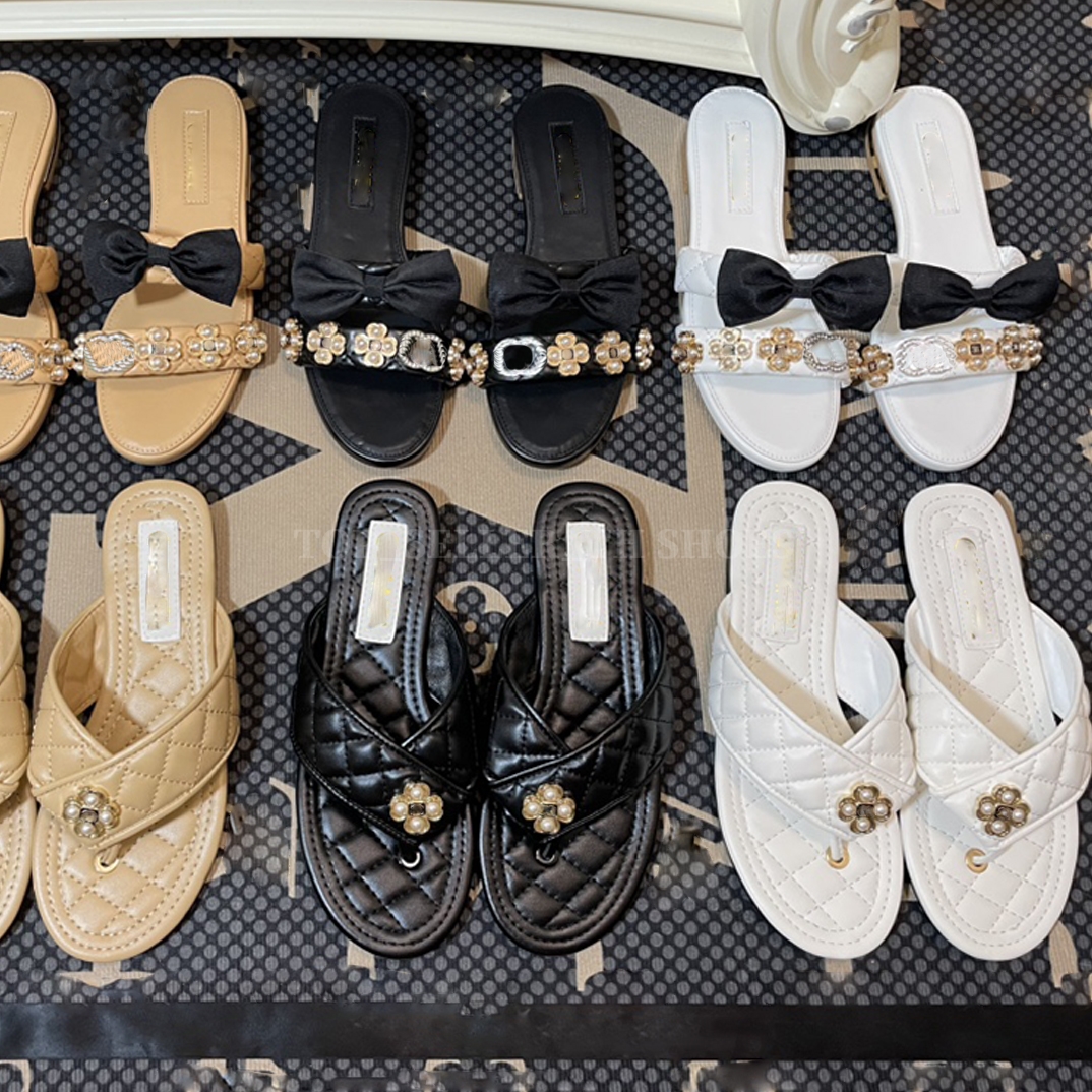 

Lambskin White Mules Women Sandal Slipper Designer Flip Flops Quilted Bow Flower Sandals Flat Heel Slippers With Box