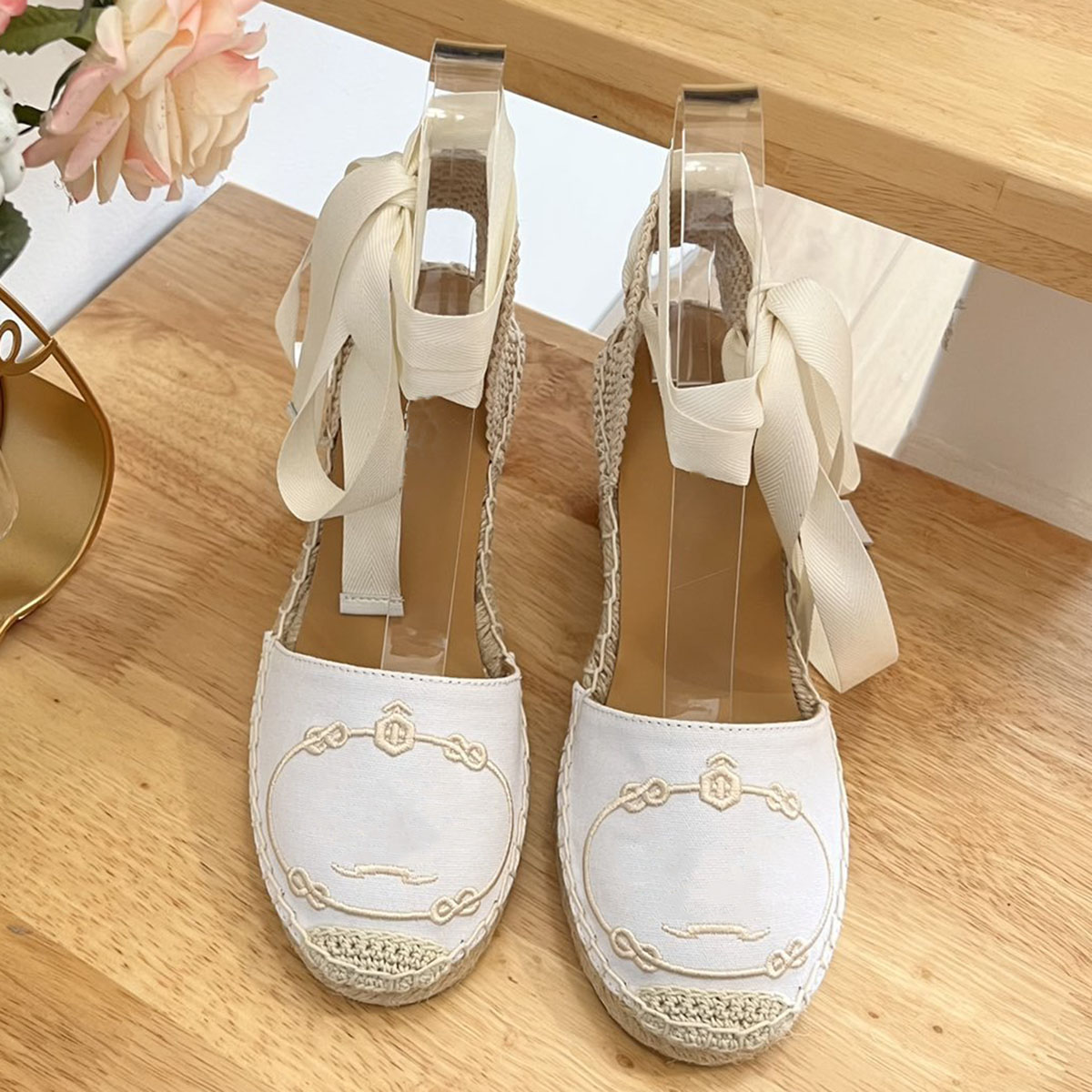 

621s Sandals Linen Embroidered wedges Sandals heeled Platform Pumps heels open-toe women's luxury designers leather Espadrilles outsole summer h, Beige