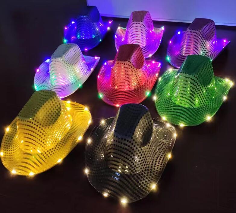 

New LED Glow Hat Colorful Silver Pink Street Dance Performance Party Glow Sequins Western Cowboy Hat sea