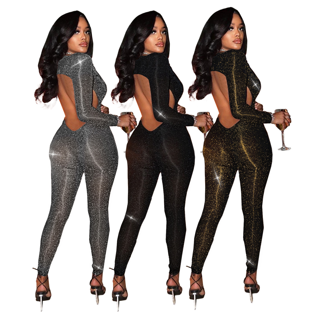 Designer Sexy Backless Jumpsuits Women Fall Bodycon Rompers Long Sleeve Hollow Out Deep see through V Neck Jumpsuits Night Club Wear Wholesale Clothes 042