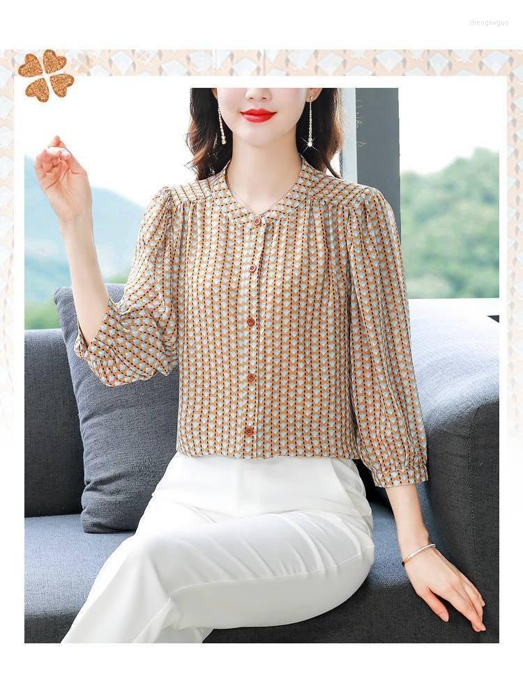 

Women's Blouses Woman Spring Summer Style Tops Lady Casual Half Sleeve Stand Collar Geometric Pattern Printed Blusas, Blue