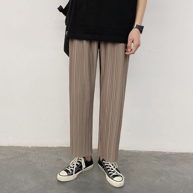 

Men' Pants Pleated Men Fashion Casual Wide-leg Mens Nine Point Streetwear Loose Straight Ice Silk Trousers BS51, Black