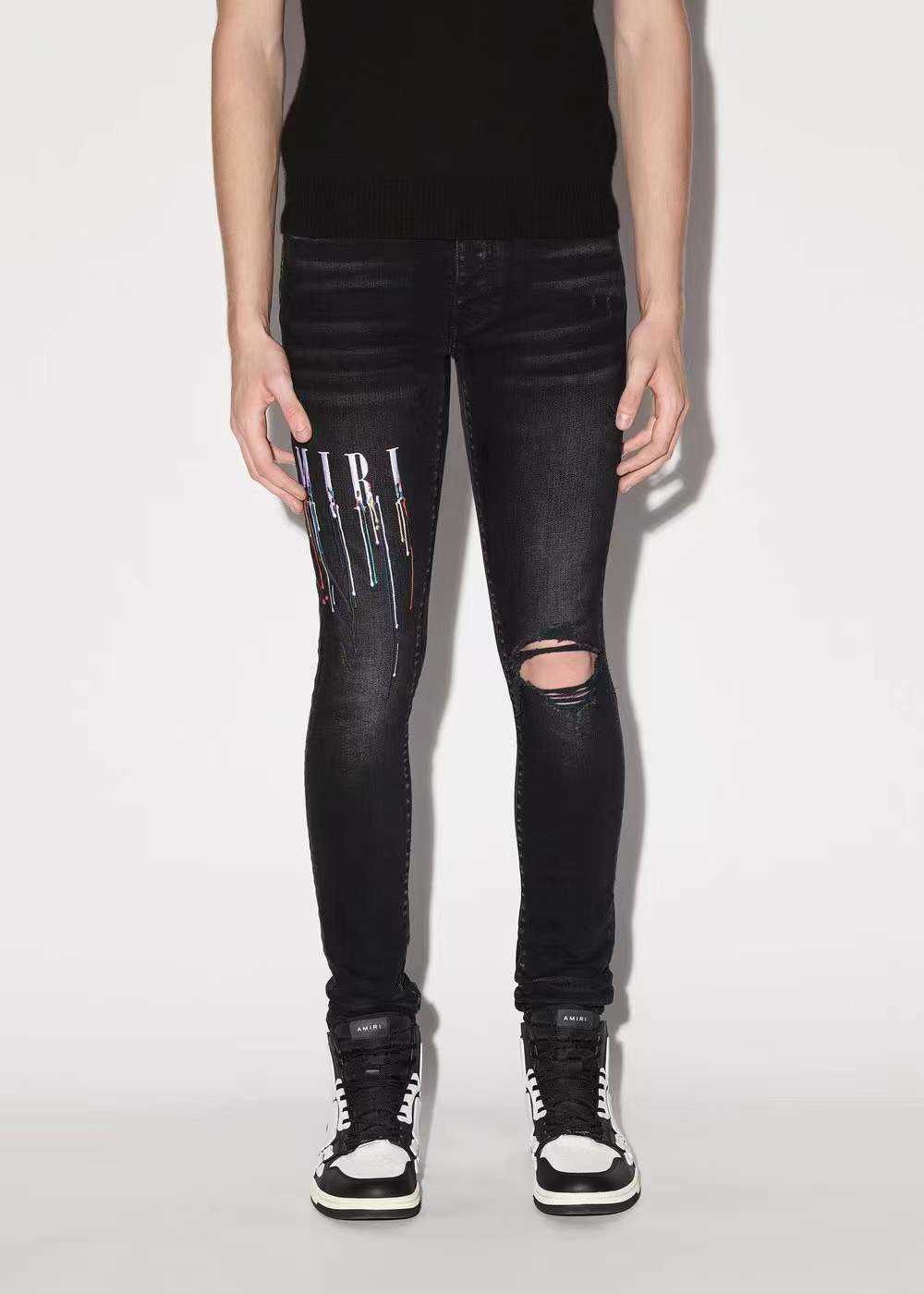 

Designer Clothing Luxury Casual Fashion Denim Pants Amiiri High Street Fashion Brand Single Knee Perforated Letter Tassel Elastic Feet Slim Fit Men's Jeans, Black