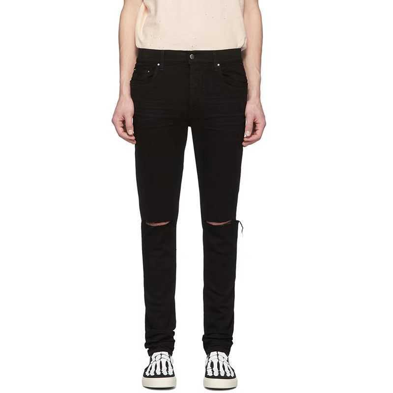 

Designer Clothing Luxury Casual Fashion Denim Pants Amiiri High Street Double Knee Hole Cutting Knife Fashion Brand Slp Slim Fit Small Foot Jeans for Men, Cut a hole with a black double knee