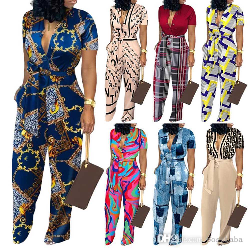 

Women Jumpsuits Designer 2023 New Fashion Digital Printing Loose Belt Wide Leg Rompers 7 Colors, Yellow8