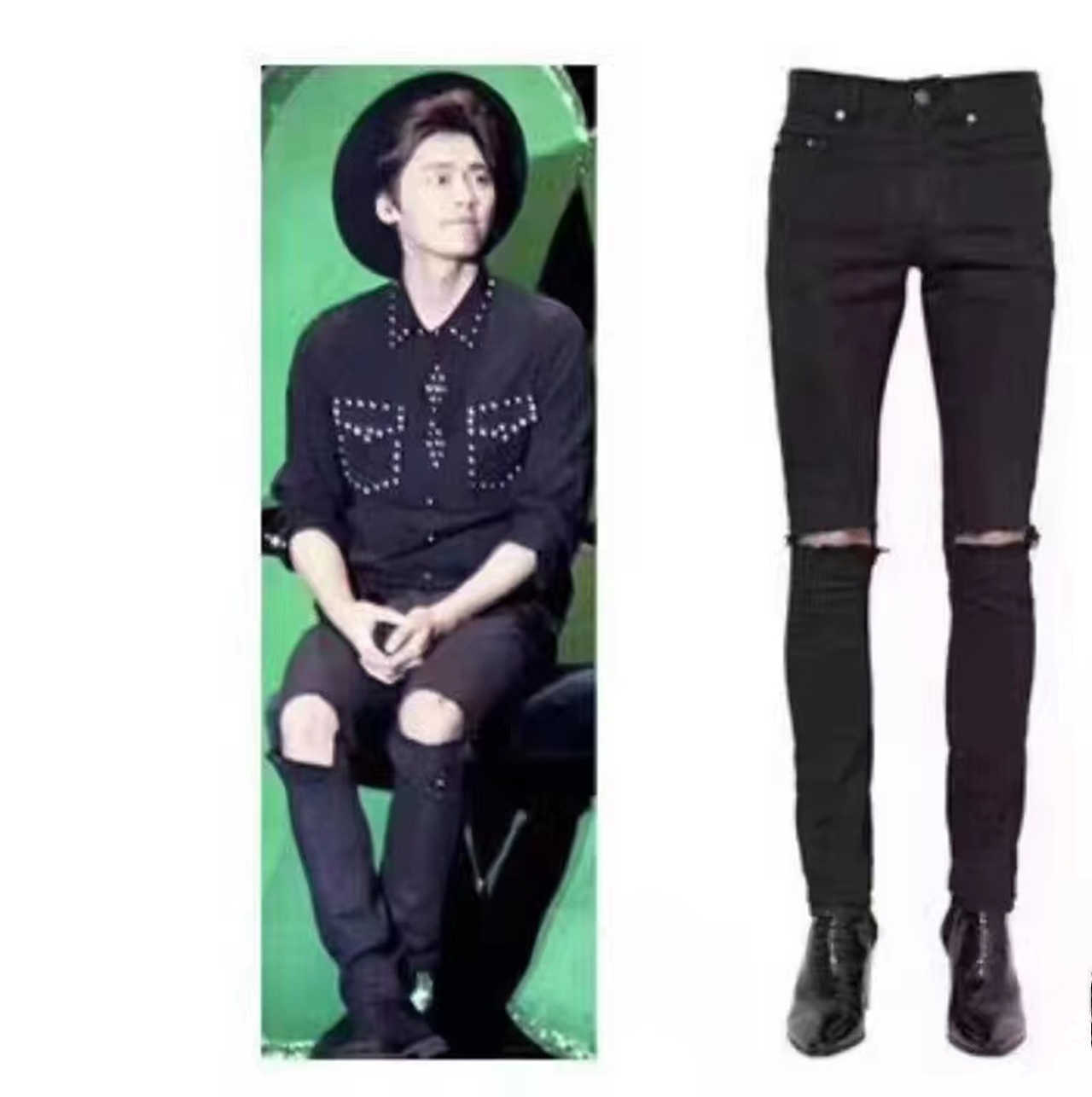 

Designer Clothing Luxury Casual Fashion Denim Pants Amiiri Autumn Winter High Street Knee Double Knife Cut Damaged Hole Slim Fit Men's Denim Pants, Black