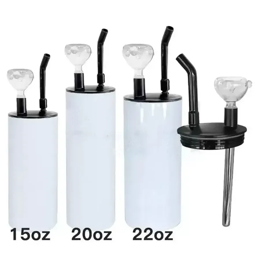 

15oz 20oz 22oz Sublimation Hookah Tumbler with Smoking Pipe lid Sublimation Smoking Tumbler Stainless Steel Straight Tumbler Fatty Cup, White