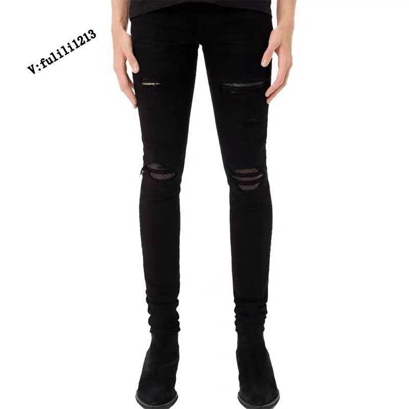

Designer Clothing Luxury Casual Fashion Denim Pants Amiiri Leather Splicing Knife Cut Hole High Elastic Mx1 Slim Fit High Street Jeans for Men Women 2022 New, Black