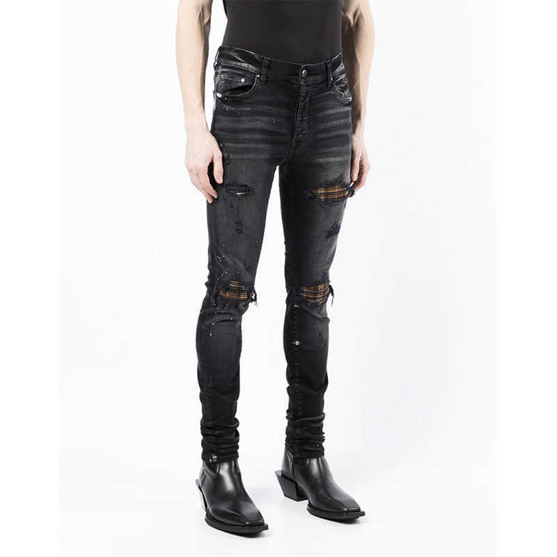 

Designer Clothing Luxury Casual Fashion Denim Pants Amiiri Wash Old Black Cow Paint Broken Plaid Patch Slim Fit Feet Stretch Jeans Men's Fashion