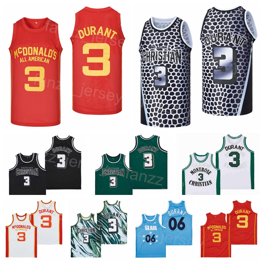 

Montrose Christian Jersey High School Basketball 3 Kevin Durant MCDONALDS Moive HipHop Breathable Team Color Black White Red Green HipHop Pure Cotton Sport Shirt
