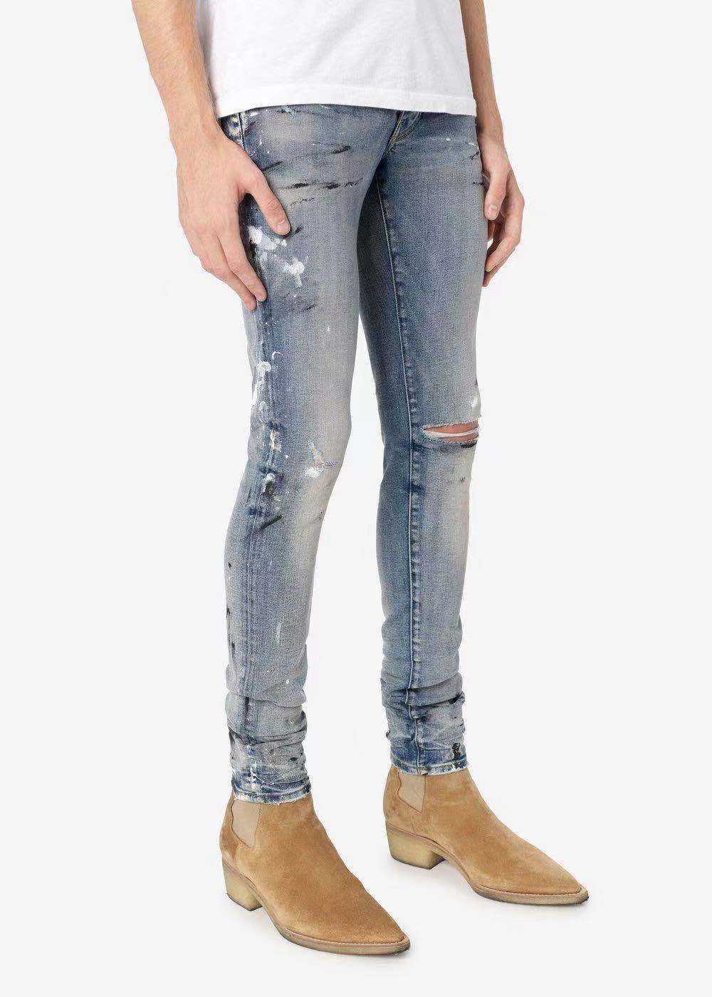 

Designer Clothing Luxury Casual Fashion Denim Pants Amiiri Trendy Brand New Elastic Single Knee Perforated Slim Fit Slp Fashion High Street Men's Jeans, Blue